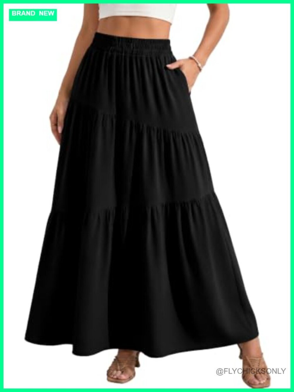 Women's High Waist Tiered Maxi Skirt with Pockets for Beach Vacation